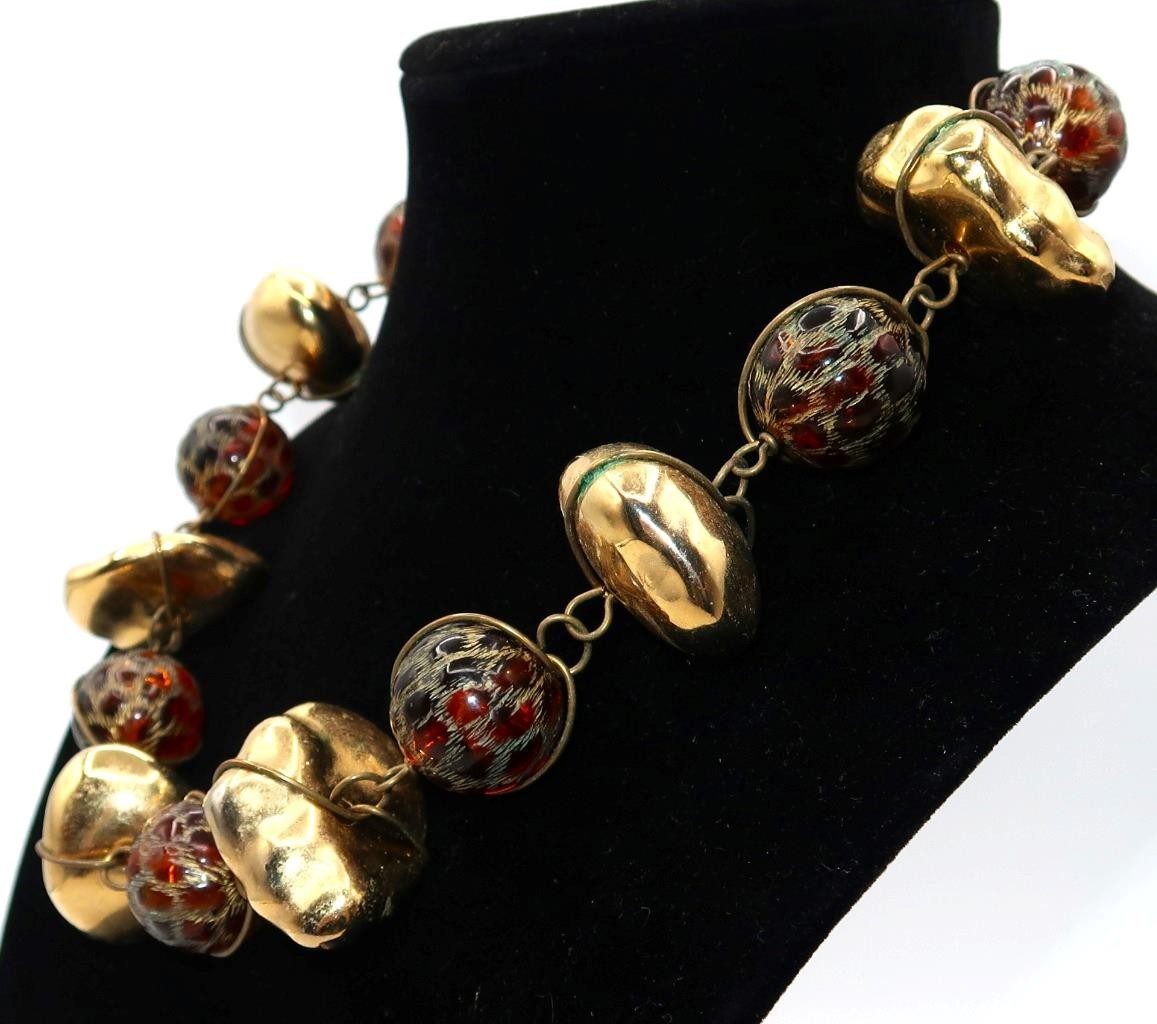 ABRA Chunky Necklace, Brass Fishnet Lucite Bead, 1.5″ Wide, 19″ Length