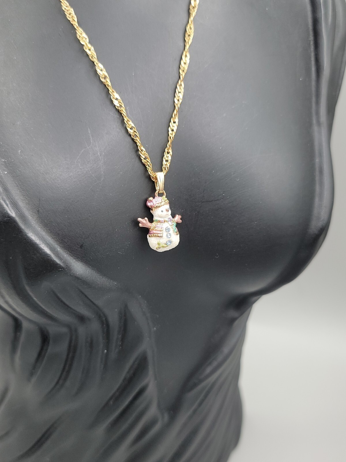 Winter Glitter Rhinestone Snowman Pendant Necklace Twisted 20″ Gold Tone Chain