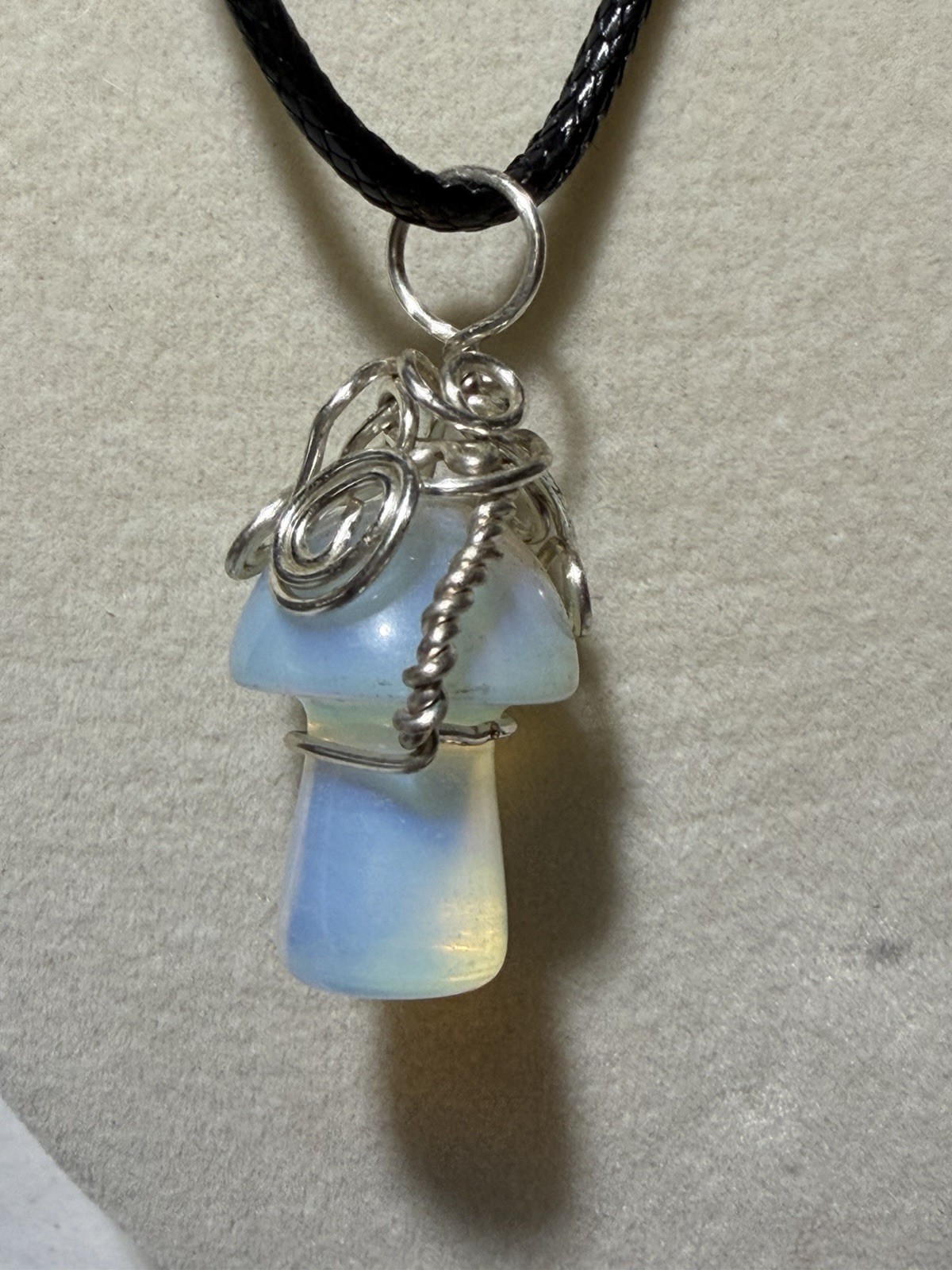 Wire Wrapped Opalite Mushroom Necklace & Inlaid White Fire Opal Bypass Ring Set
