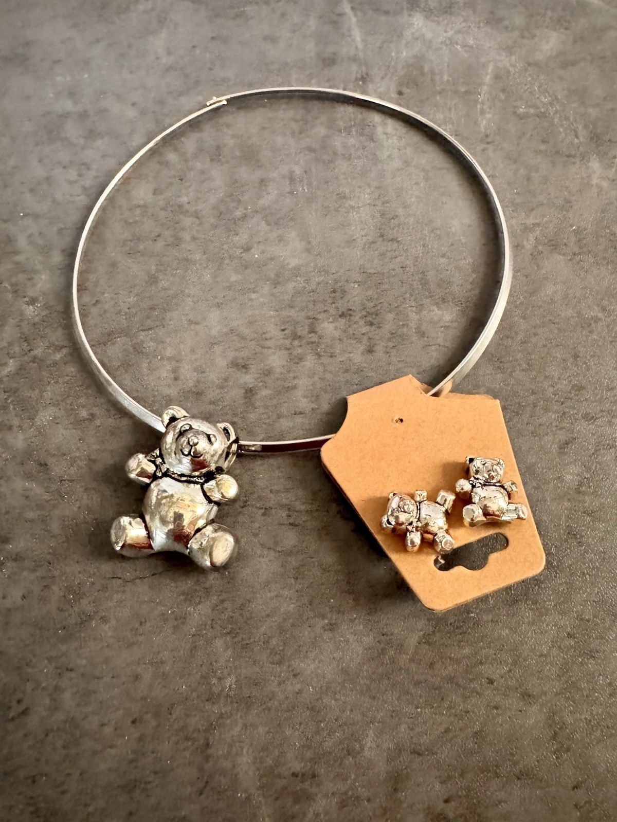 Silver Teddy Bear Pendant, Choker Converts To Pin Matching Earrings