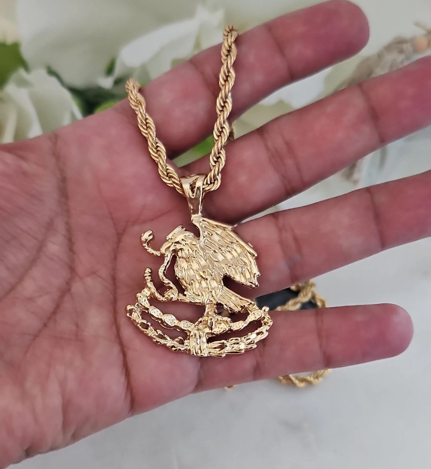 Large Mexican Shield Eagle Necklace, 14k Heavy Plated Gold