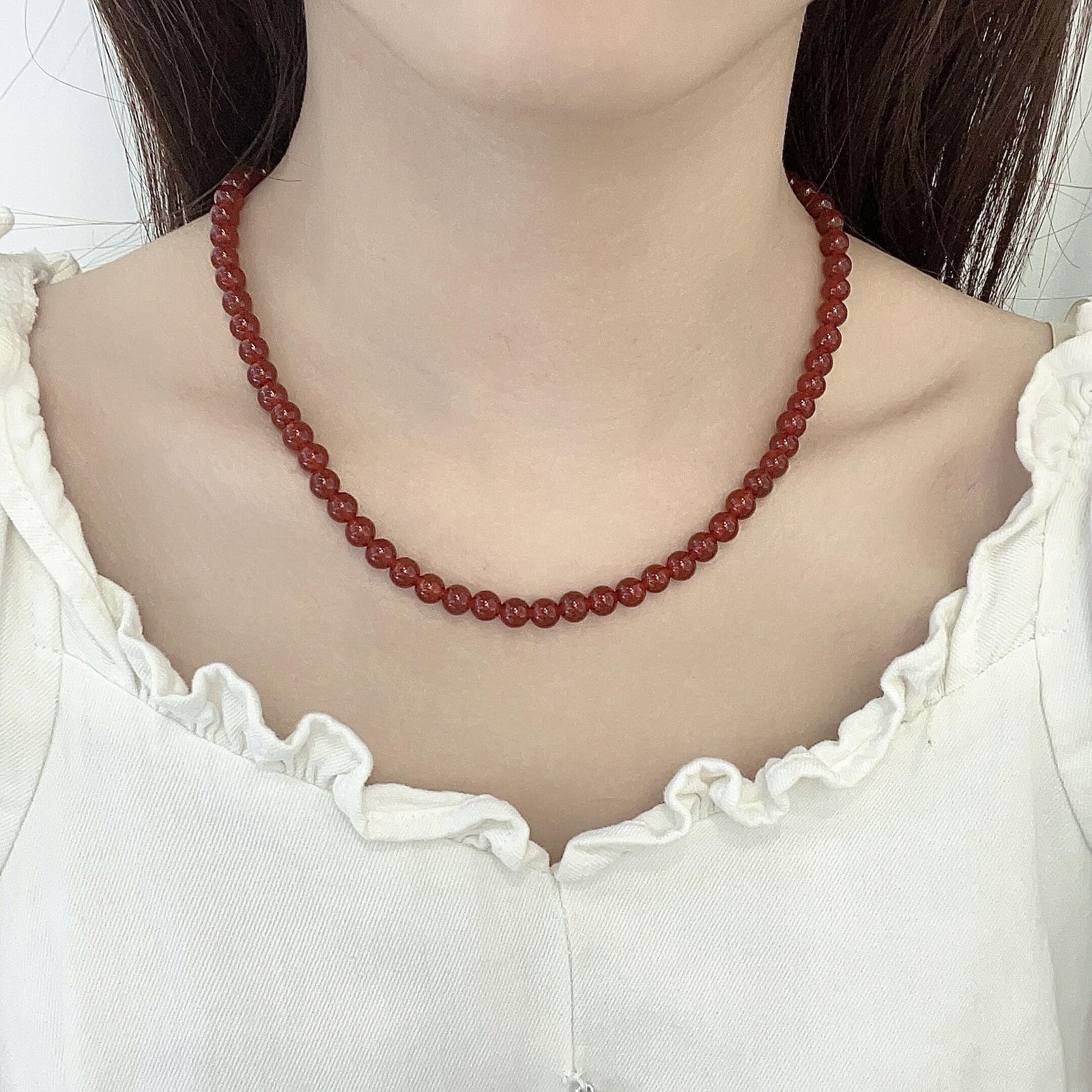 Natural Agate Choker Necklace 6MM Round Beads Sterling Silver 40cm + 5cm