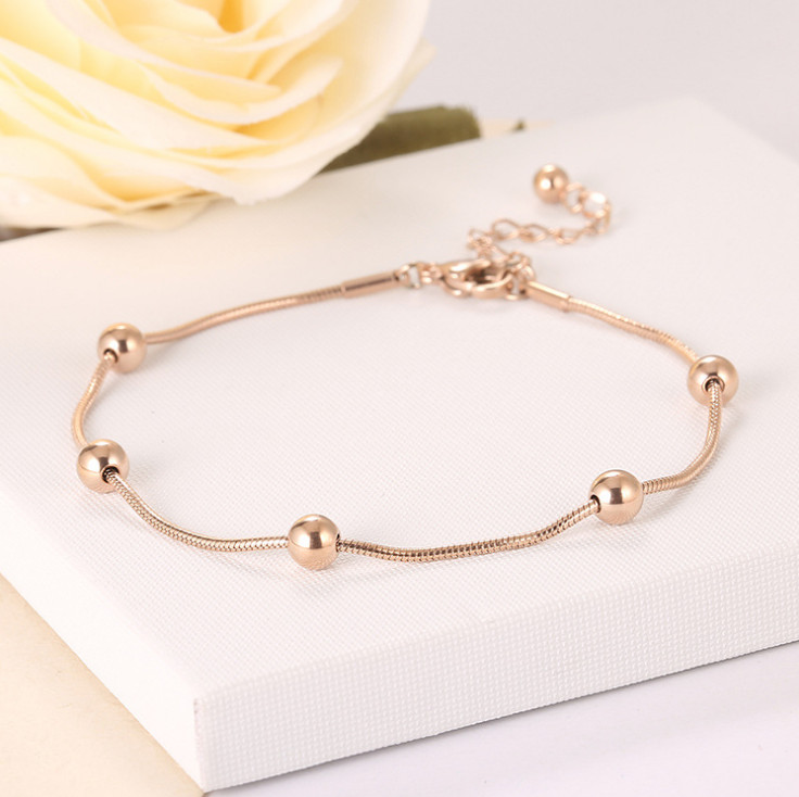 Women Titanium Stainless Steel Rose Gold Bead Chain Anklet Bracelet 8-10″ PE14