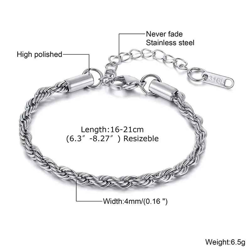 Unisex Rope Chain Bracelets for Men Women, Stainless Steel Twisted Links Chain