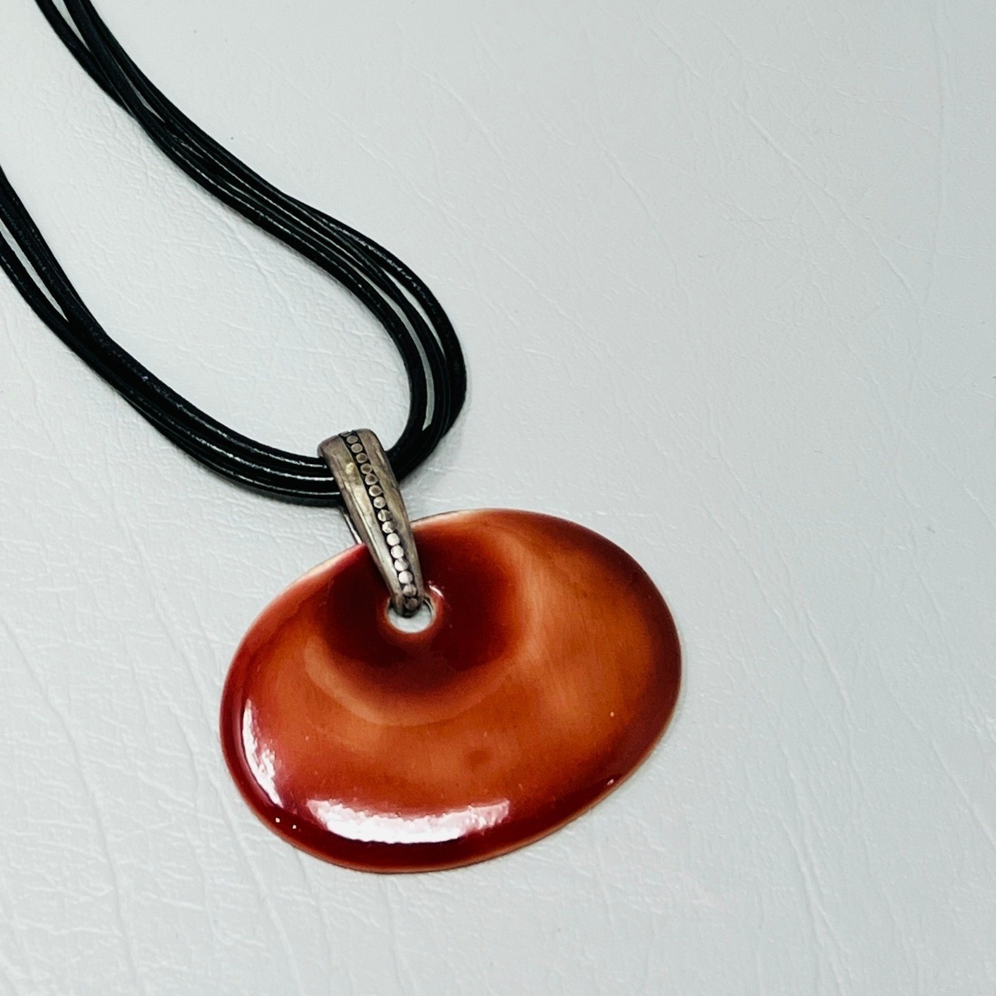 Chicos Womens Red Orange Oval Pendant Necklace Black Multi Cord Silver Tone