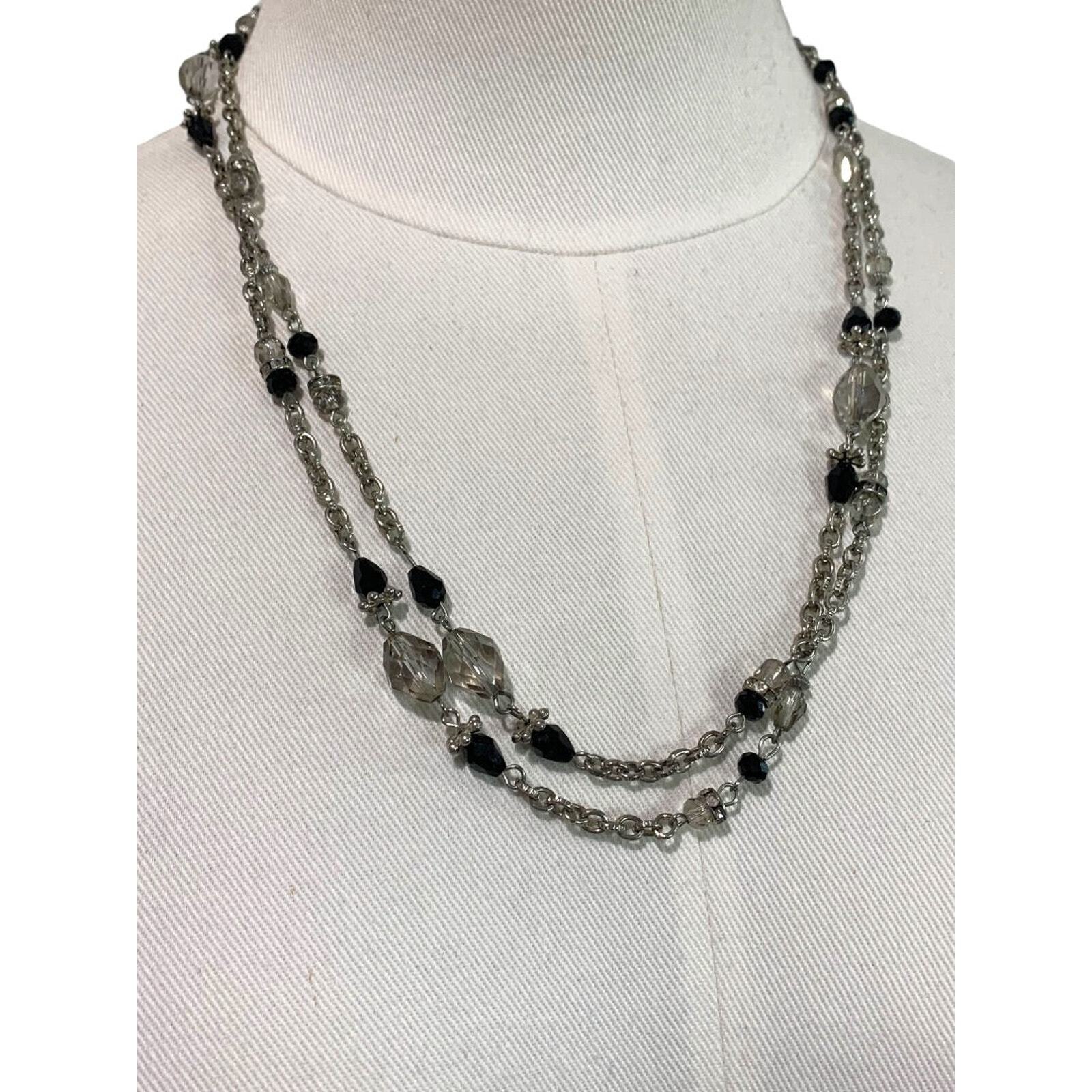 Long Strand String Necklace 42 Inches Silvertone Black Lobster Clasp