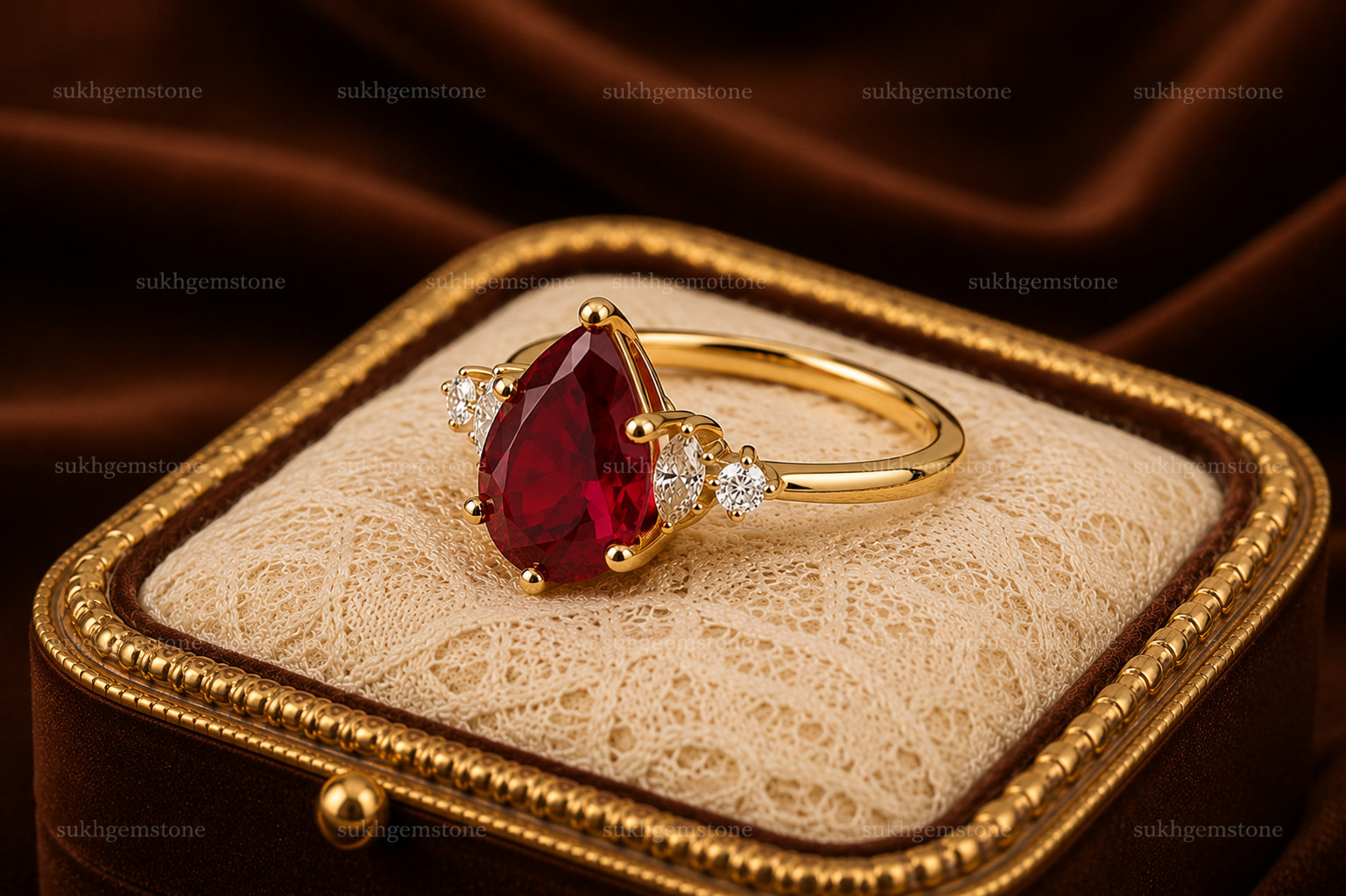 Lab Created Red Ruby Ring, Base Metal: Brass Finish: Gold Plated Gift for Her