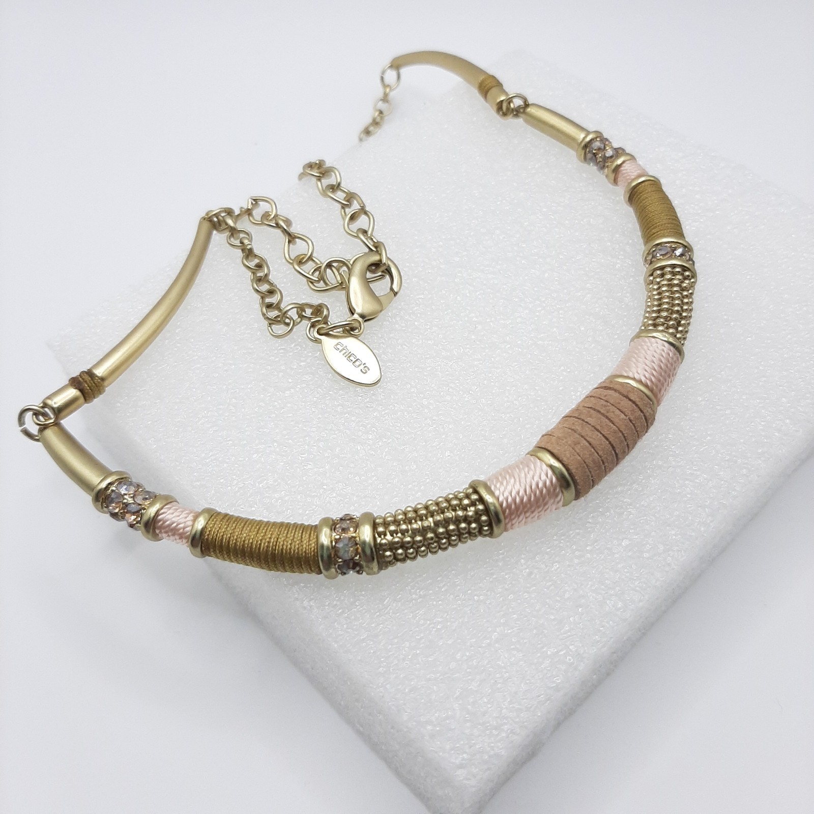 Chico’s Gold Tone Metal Pink Brown Neutral Mixed Material Statement Necklace