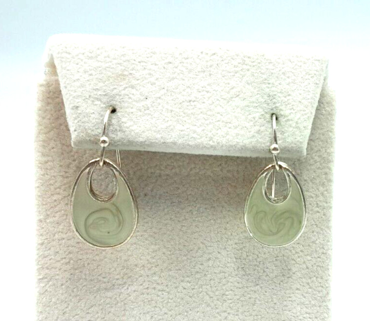 Modern Classic Creamy Enamel Swirl .75″ Dangle Teardrop Silver Tone Earrings