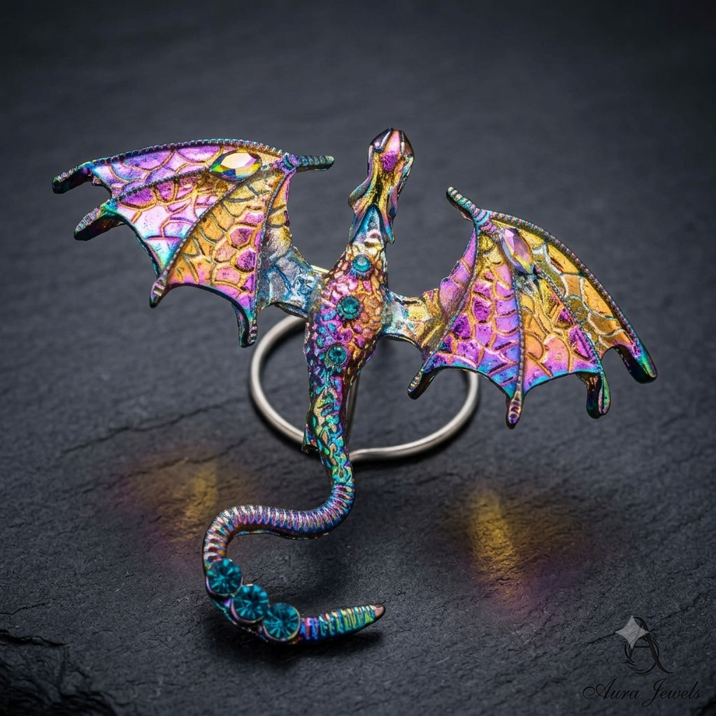 Dragon Pin Brooch Rhinestone Metal Rainbow-colored and a turquoise stone.