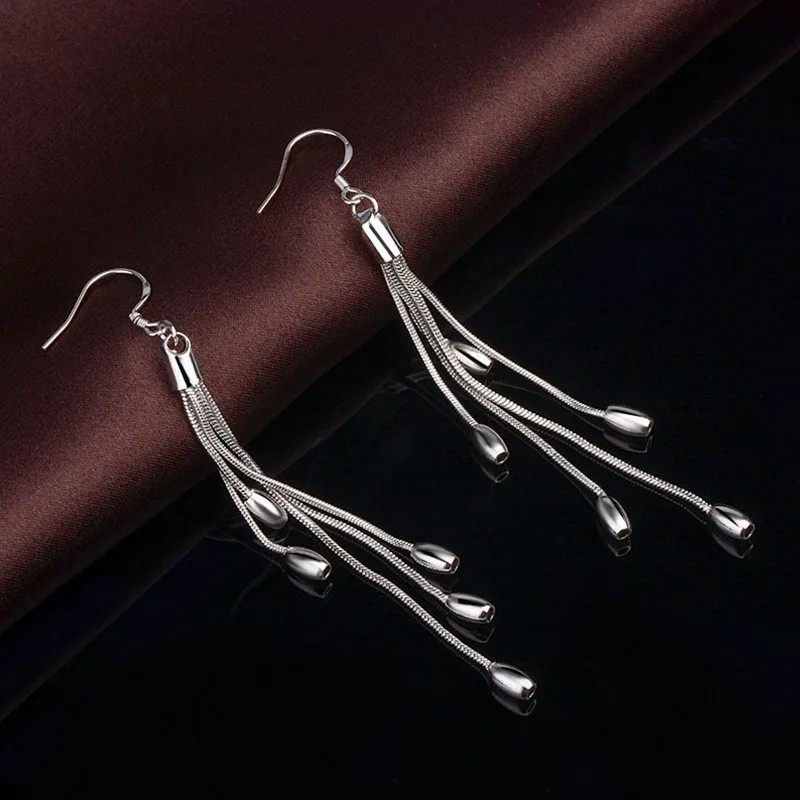 Womens 925 Sterling Solid Silver Long Tassel Drop Dangle Hook Fashion Earrings