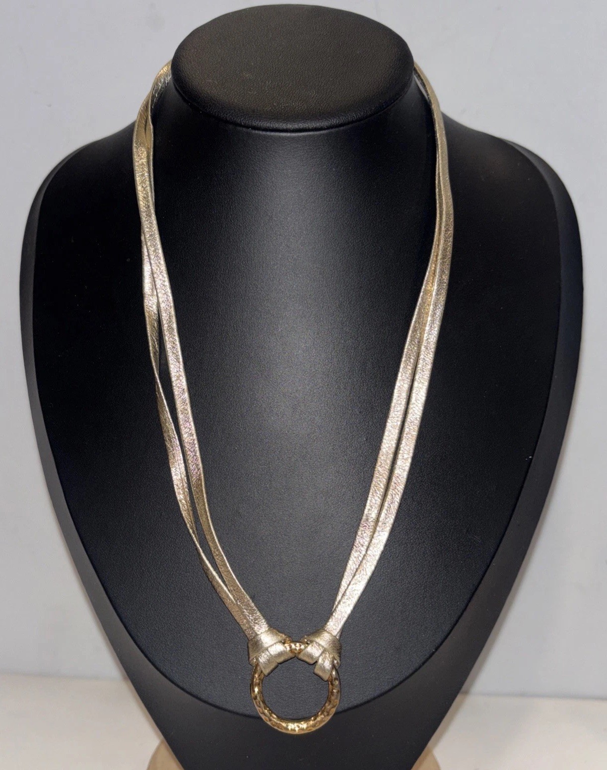 LEILA Jewelry Gold Leather Cord Necklace 20” Hammered Ring Pendant Boho