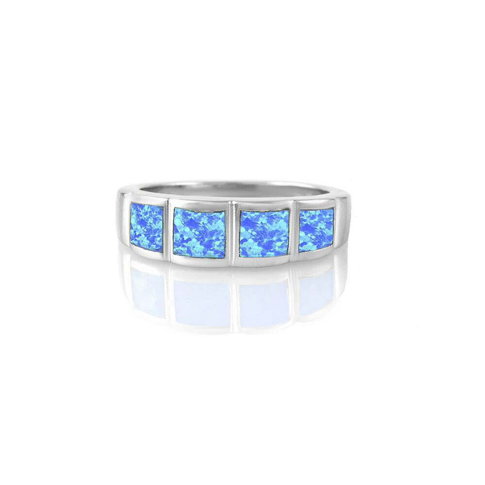 Women’s 925 Sterling Silver Created Blue Opal Band Ring Sizes 6-9 Gift