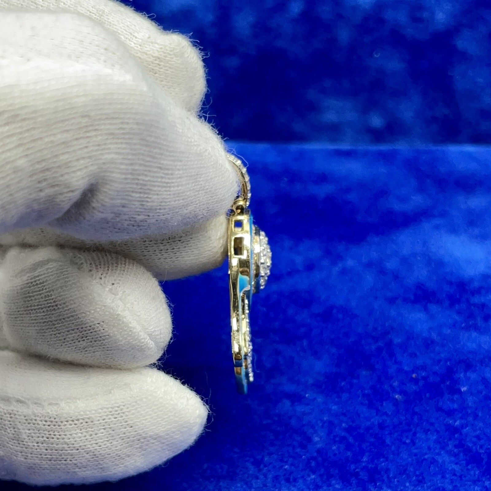 10k Yellow Gold Round BaguetteDiamond Hamsa Hand Enamel Pendant 1.62Carat VS F-G