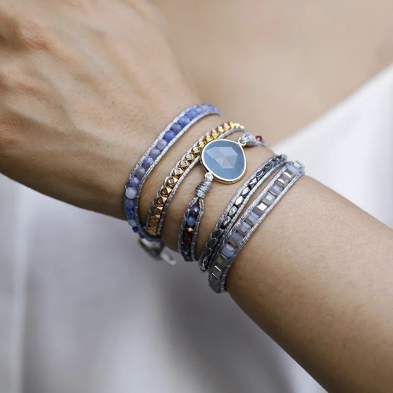 Blue Quartz Stack Strand Wrap Leather Bracelet 32.5 inches and 3 closures