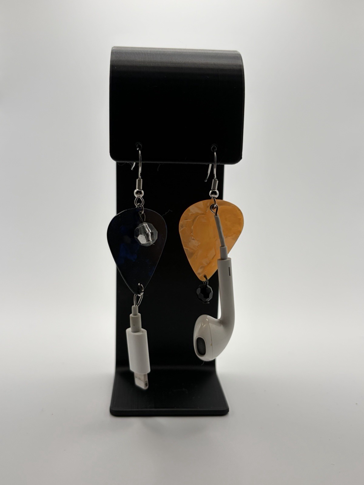 Guitar Pick Dangle Earrings w/ Earbud & USB Plug Charms, Plastic/Metal