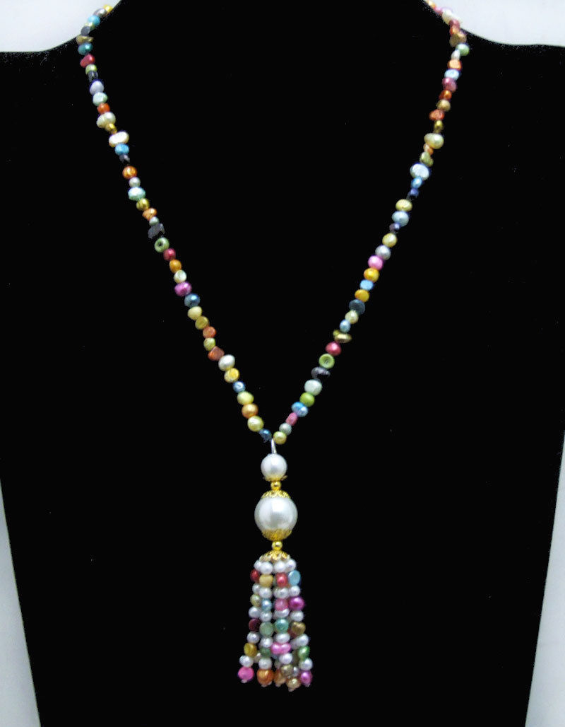 4-5mm Multicolor Baroque Natural Pearl Tassel Pendant & Necklace for Women 20”