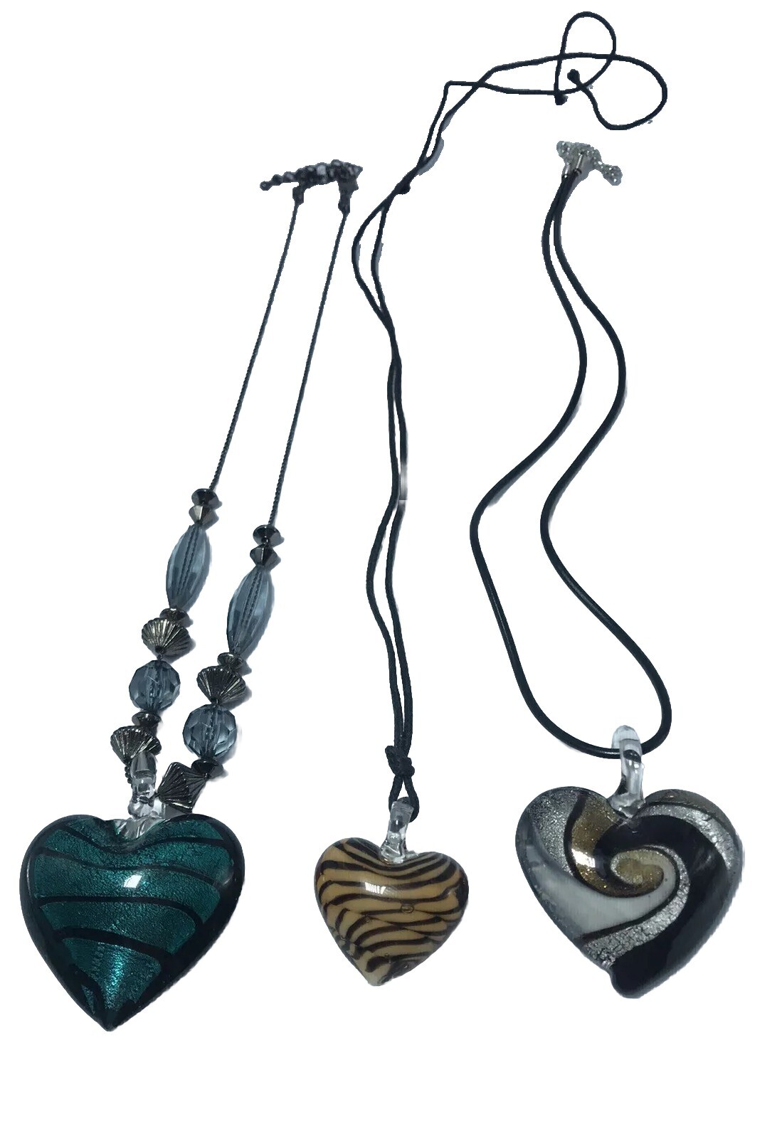3 Glass Heart Pendant Necklaces Unmarked 18″ Chain Assorted Styles See Images