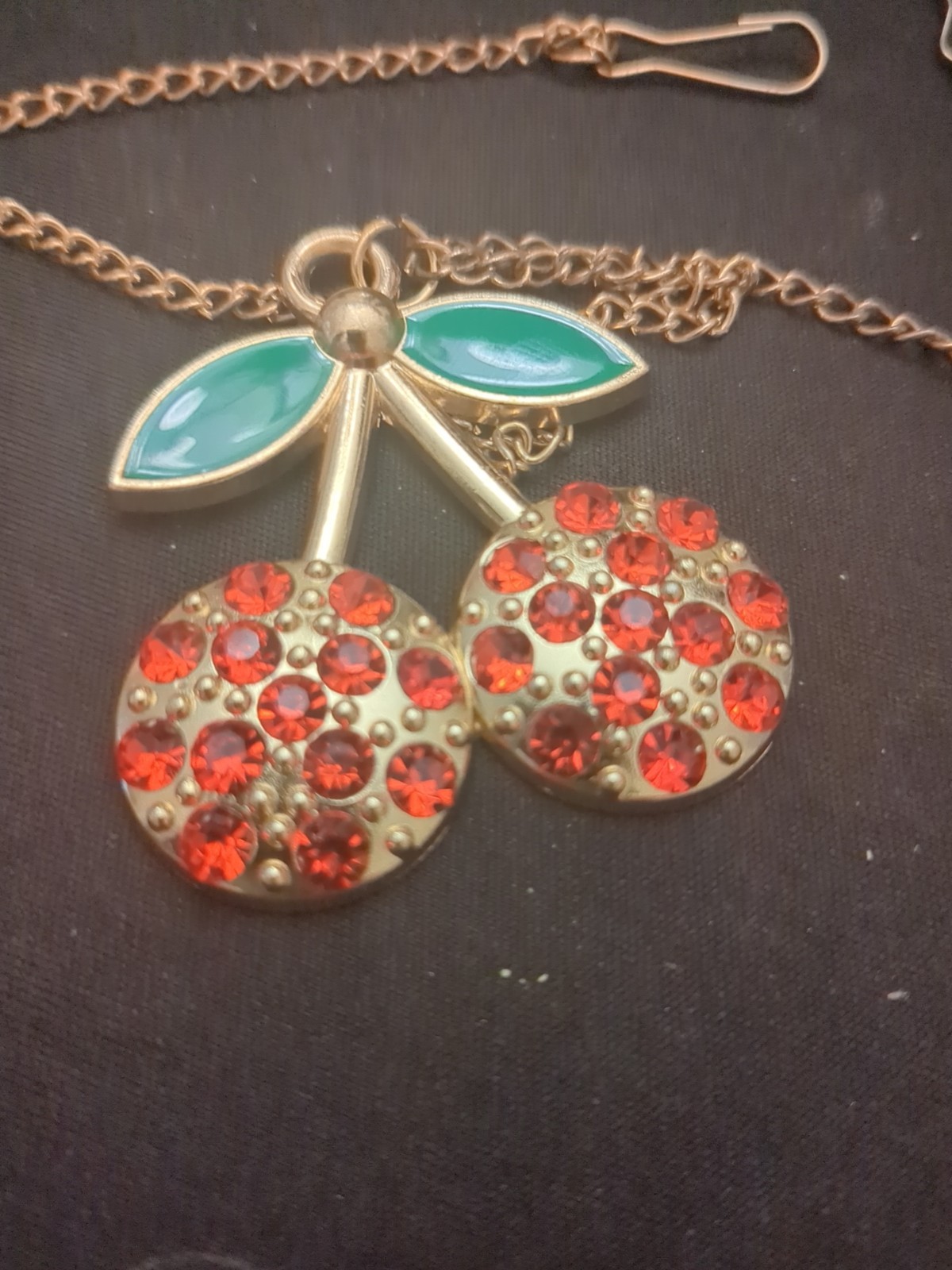 Pre-owned RED CHERRY JEWELED Blouse Chain, Gold Tone, Chain Has Hooks To Blouse