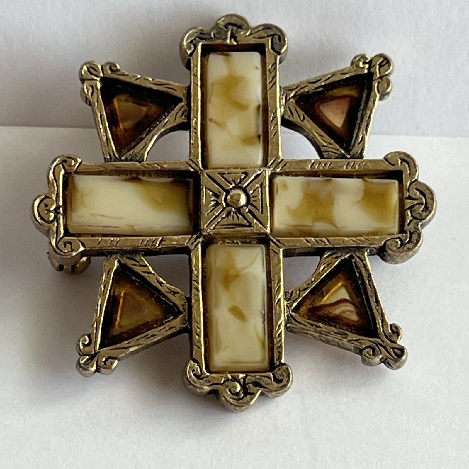 Vintage Miracle Brooch & Pendant, Celtic Cross Brown Glass Agate Signed