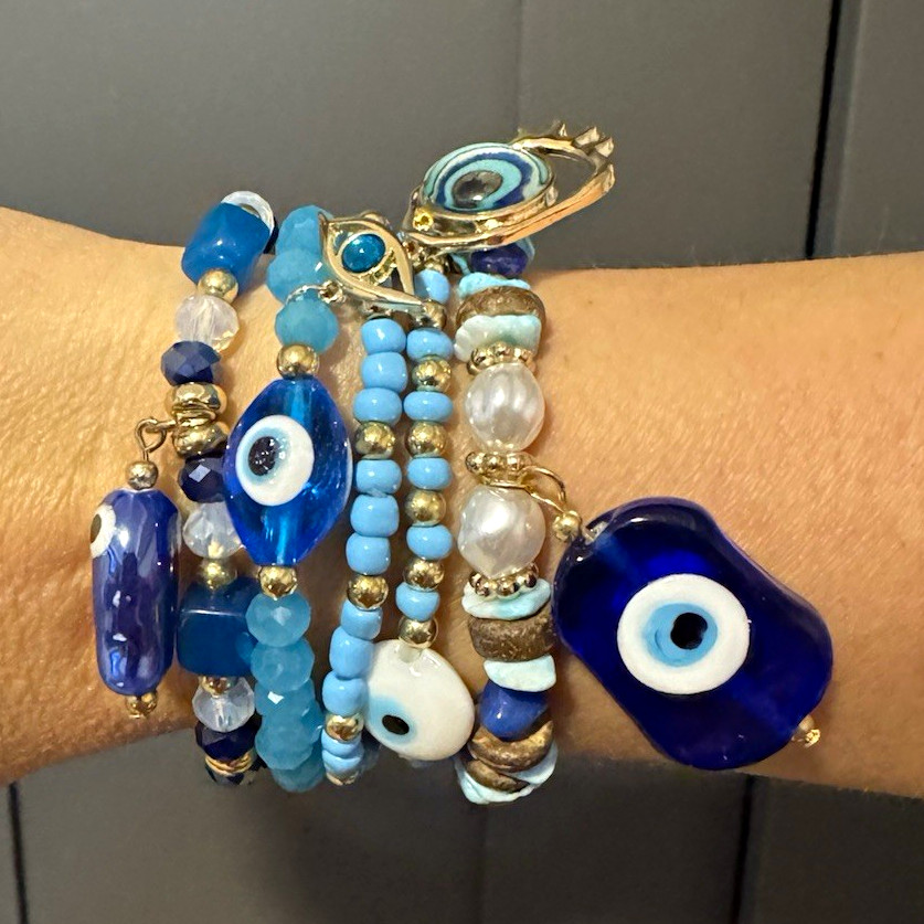 Blue Evil Eye Stretch Beaded Charm Bracelet Stack w/ Round Glass Beads