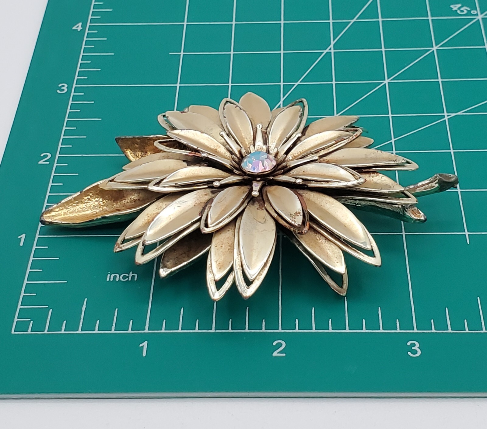 VTG Brooch 3.5in Large Gold Tone Flower Aurora Borealis 3D Layered REPAIRED READ