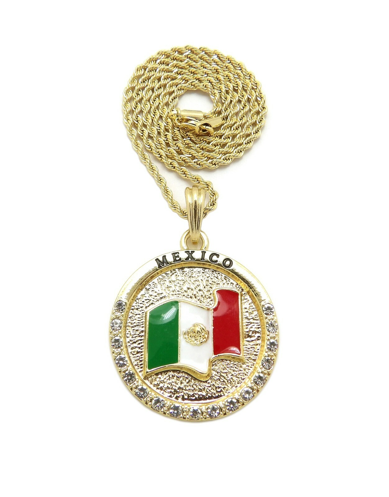 Hip Hop Mexico Flag Pendant 18″,20″,24″ Box, Cuban, Rope Chain Necklace XSP819