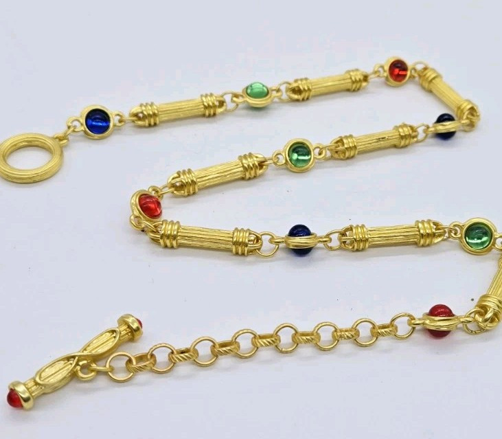 Gripoix Style Staion Necklace Red Blue Green Matte Gold Tone Poured Resin 19 in
