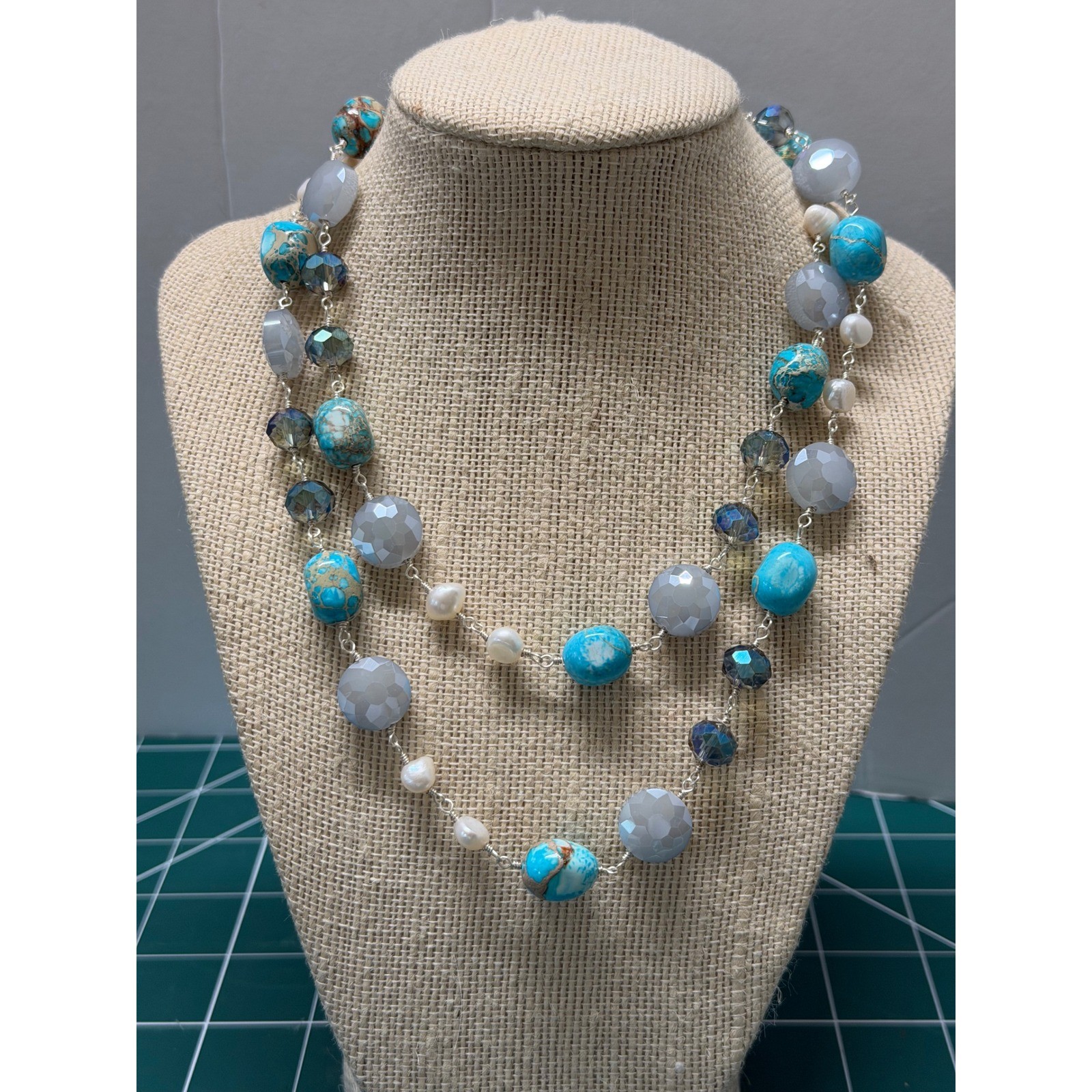 Palm Beach Jewelry SETA Blue Stone White Pearl Faceted Grey Bead Long Necklace