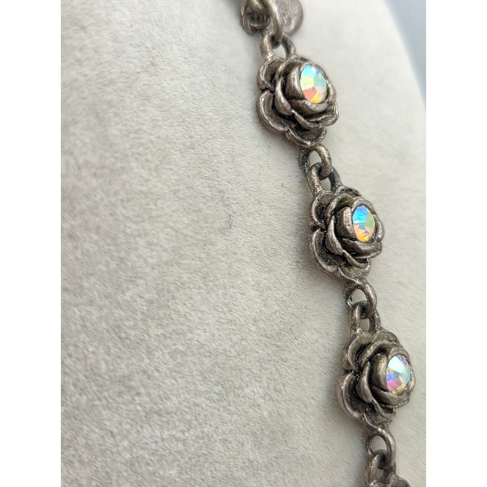 Premier Designs Antiqued Silvertone Rose Link Necklace AB Rhinestones 18″