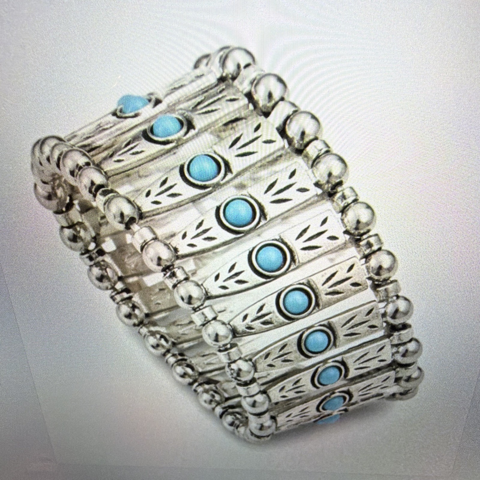 Silver Tone Wide Link Stackable Bracelet Blue Round Bezel Set Cabochon