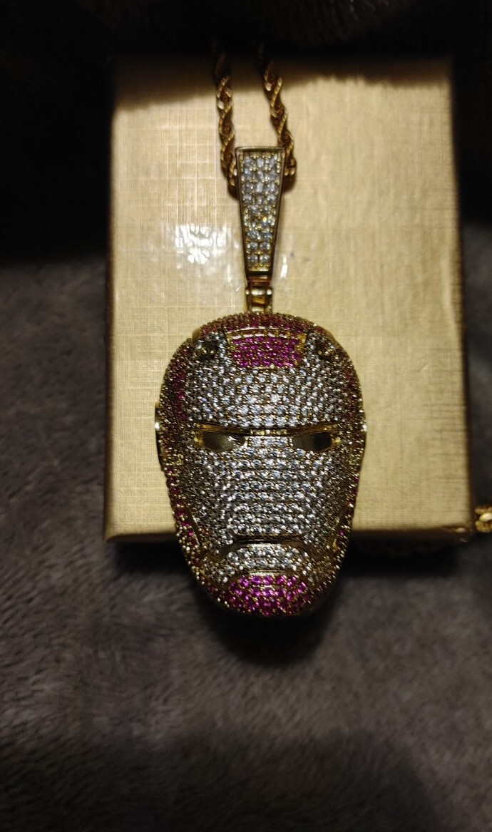 Ice Out Iron Man Pendant Brass Plated With 24in Stainless Steel Necklace