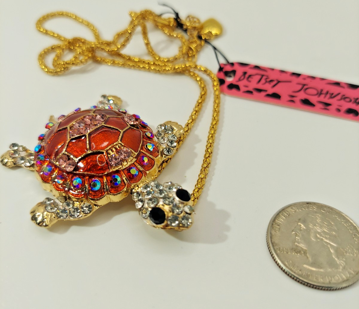 Brilliant 3D Jewel TURTLE Red Rhinestone Betsey Johnson Tortoise Necklace-Gift