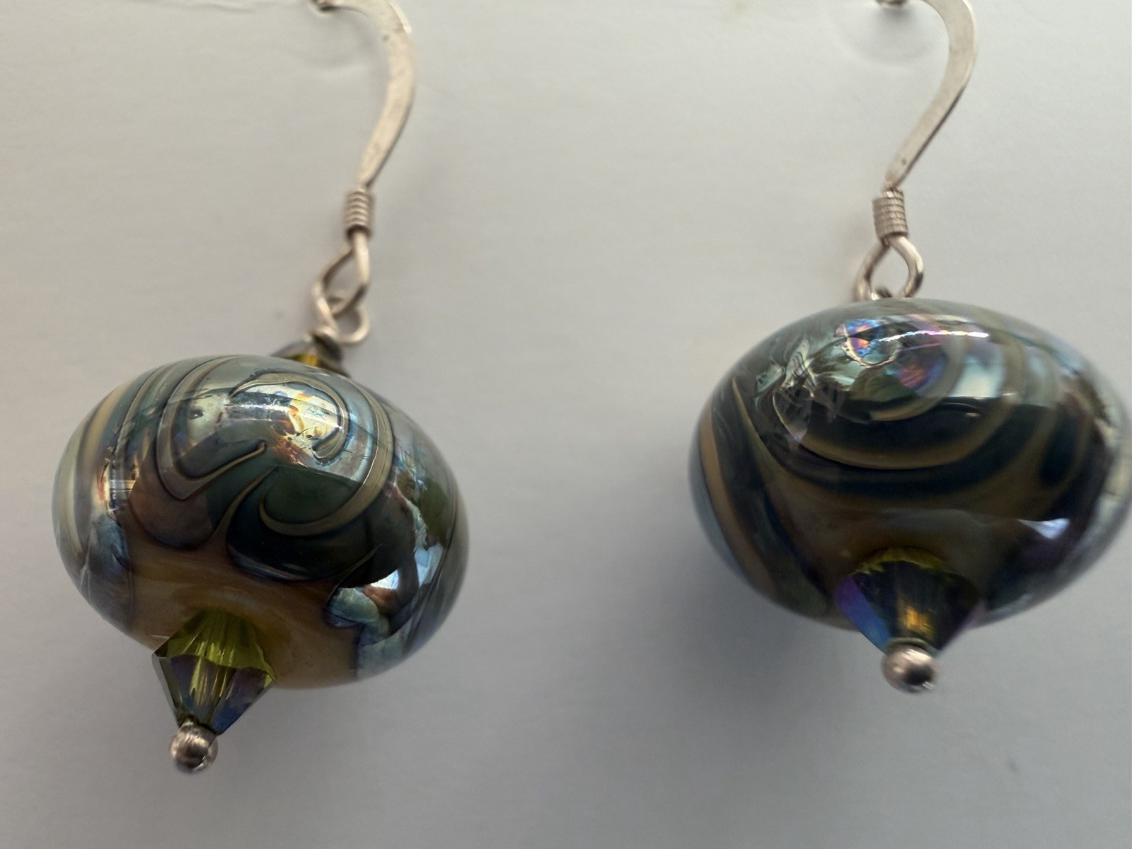 Artisan Sterling Silver Iridescent Lampwork Art Glass Crystal Earrings