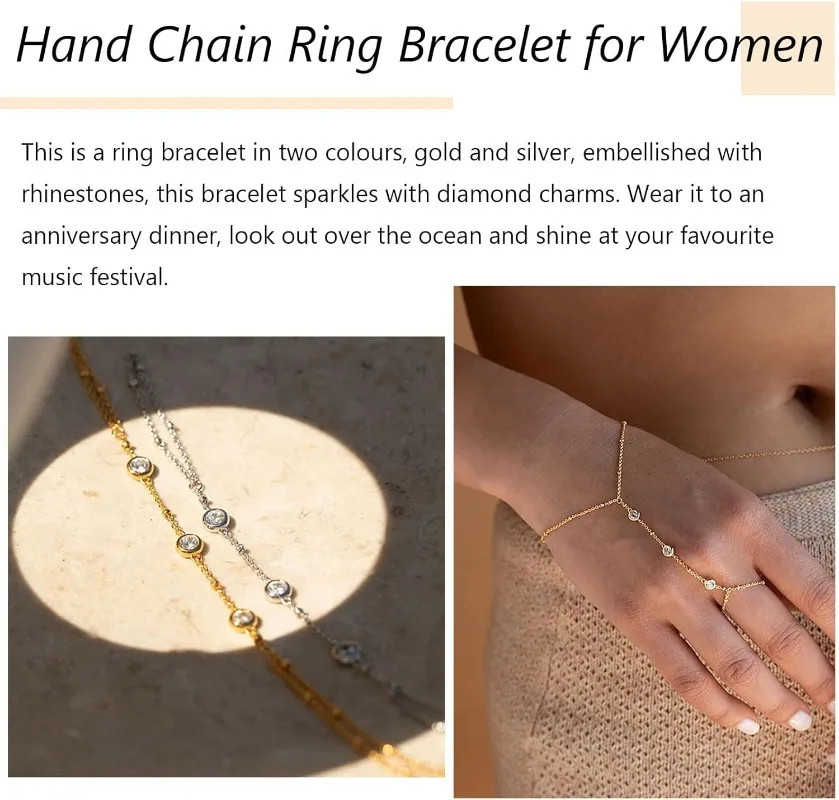 Hand Chain Bracelet with Ring Zircon Adjustable 14K Gold Plated Dainty Women