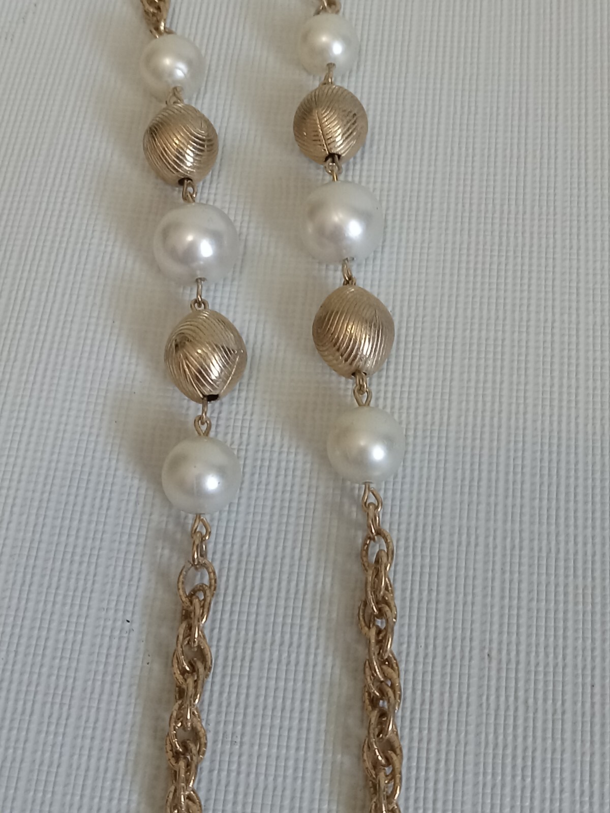 Metal and Plastic Faux Pearl Beaded Gold Toned Long Length Rope Chain Necklace