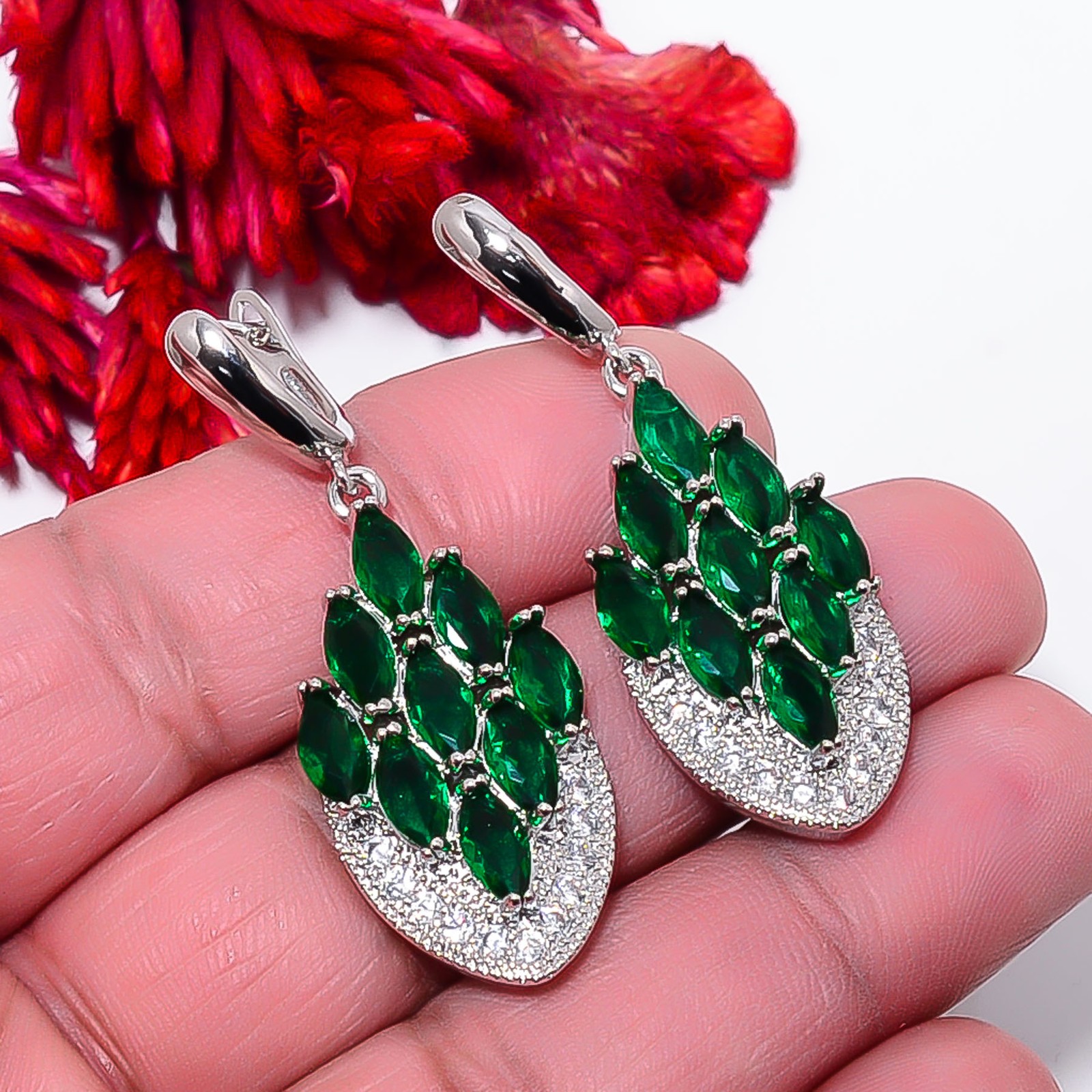 Tsavorite & Cubic Zirconia 925 Silver Platinum Plated Earring 1.90″ E11574153517