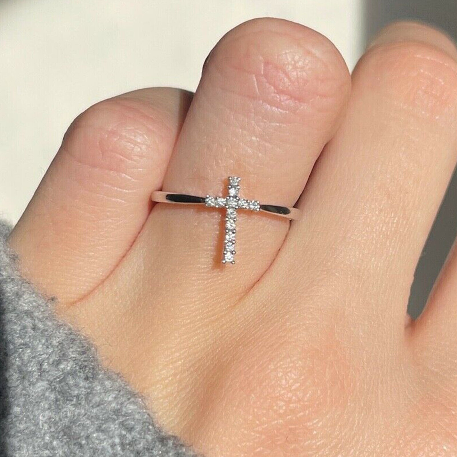 Stunning Cross Charm Band Ring Round Cut Simulated Diamond 14k White Gold Plated
