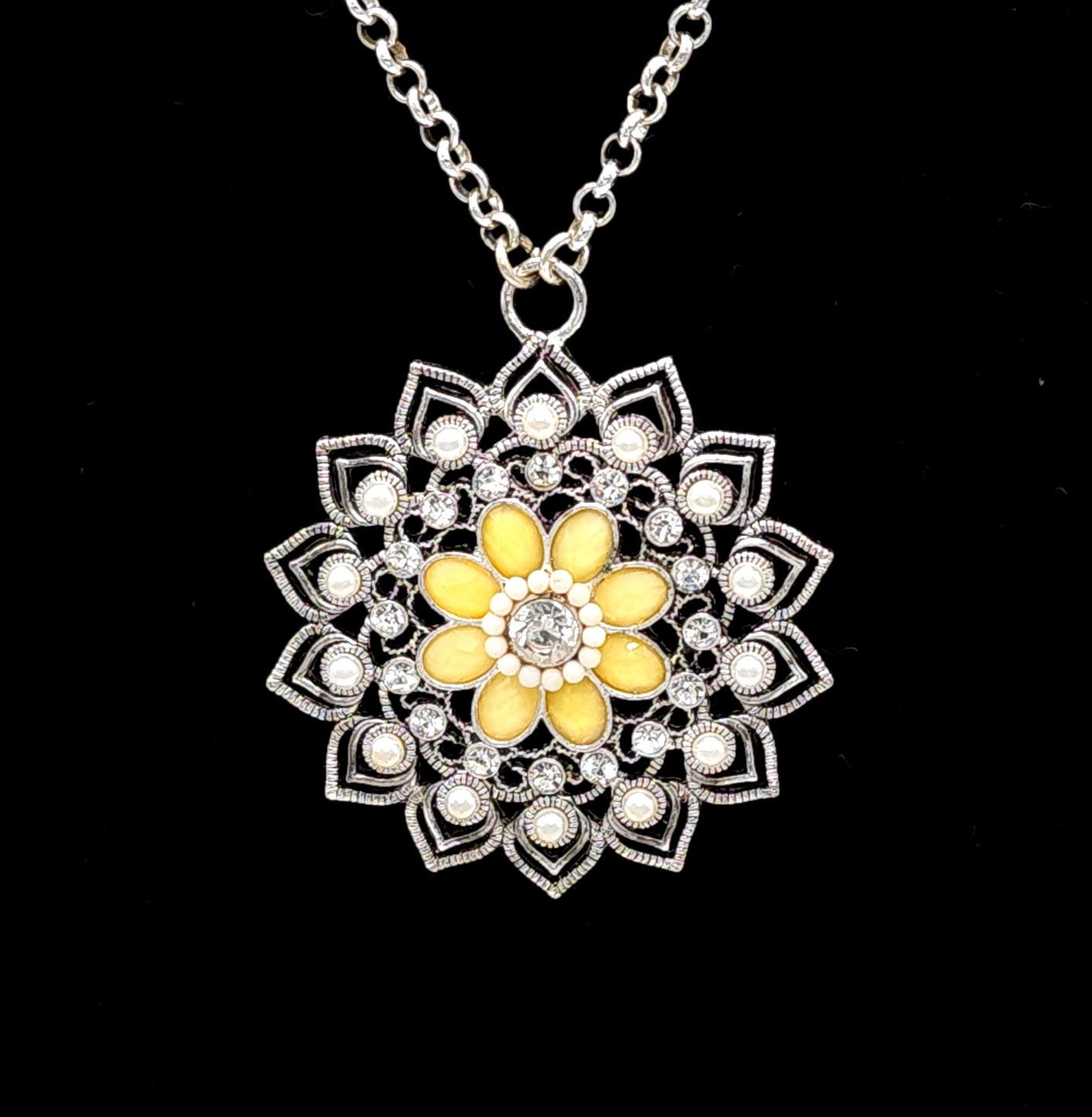 Yellow Floral Necklace Rhinestone Pearl Medallion Silver Romantic Style