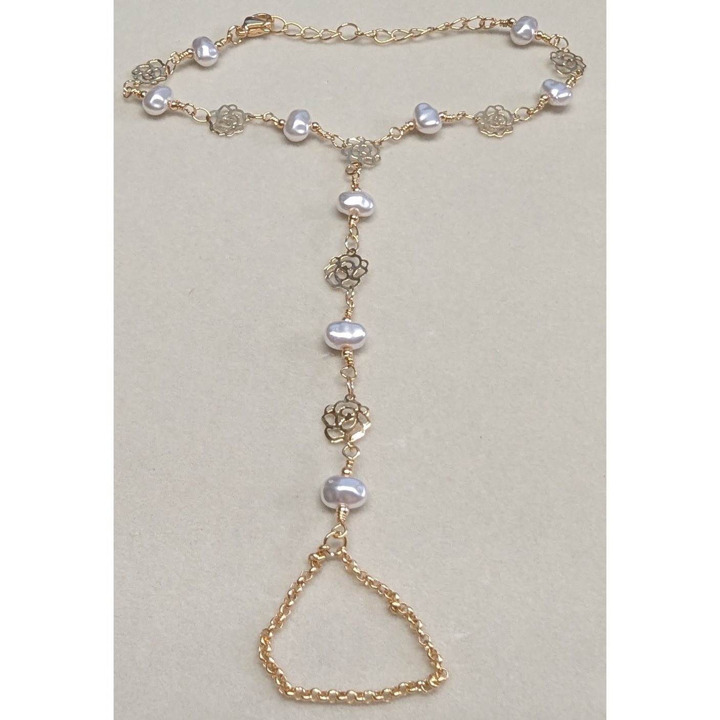 New Hand Slave Bracelet Ring 14K GP Gold PLated Faux Pearl Rose Filigree Boho