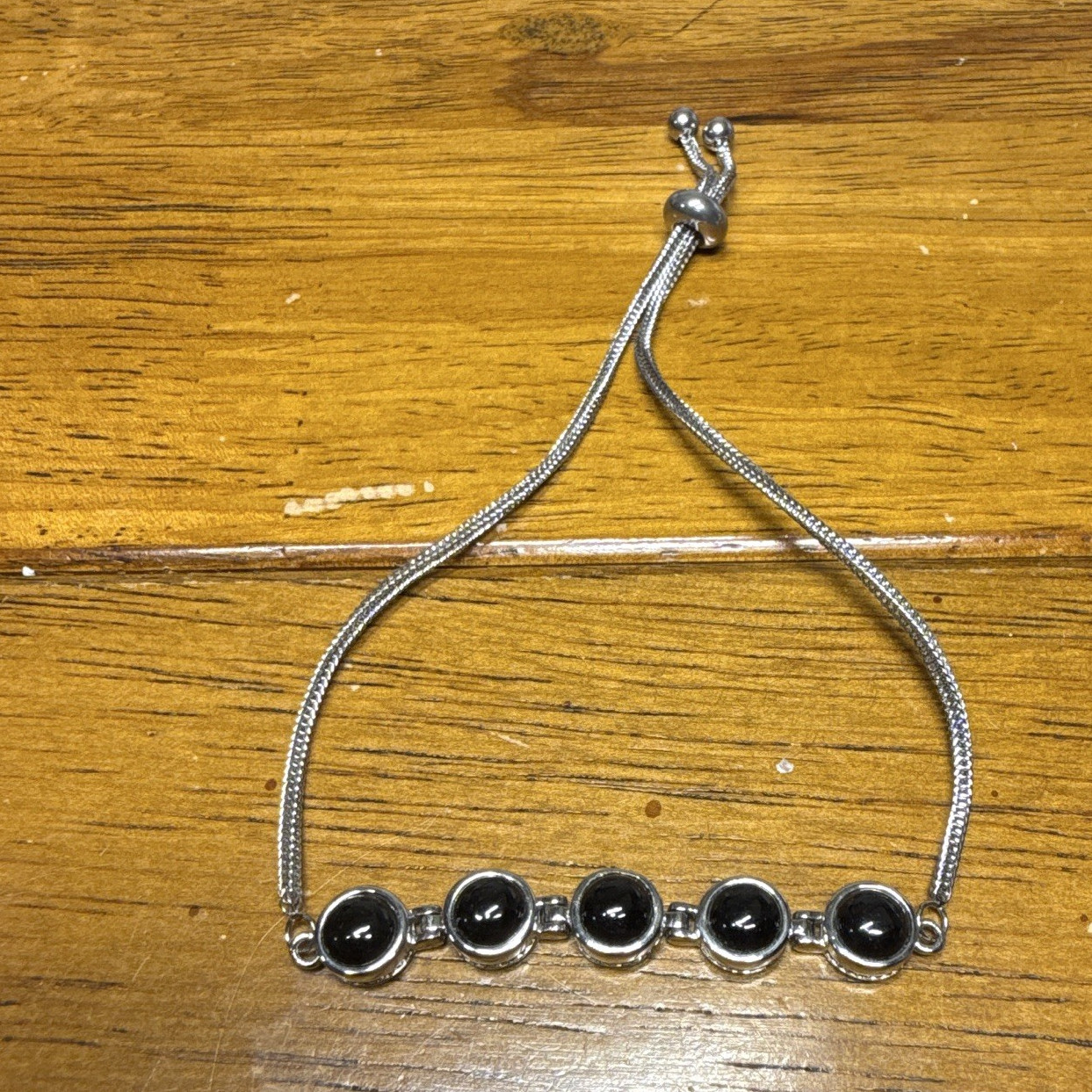 Adjustable Silver Tone Snake Chain Bracelet Slide Closure 5 Black Round Stones