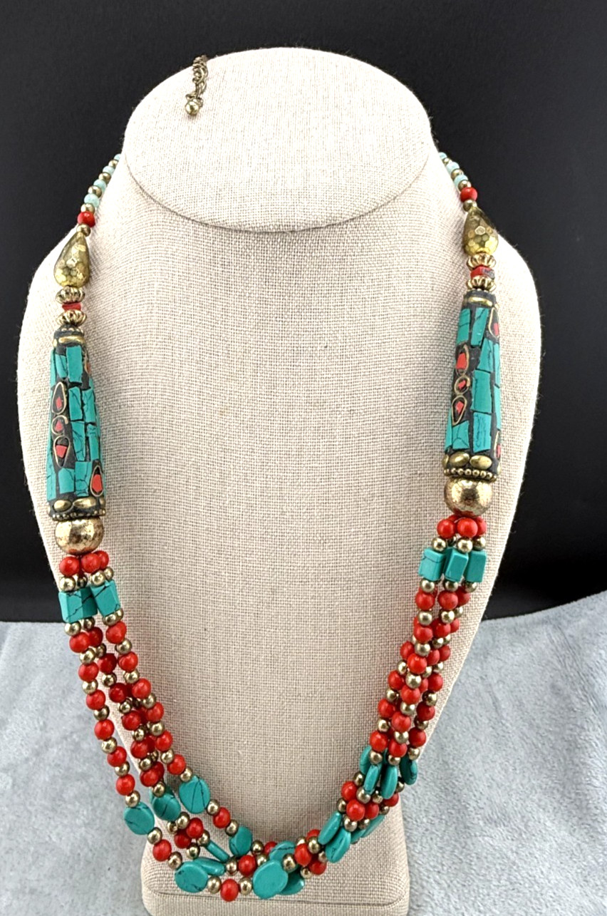 Bohemian Retro Layered Necklace Tibetan Style Red Blue Beads Gold Tone 26″