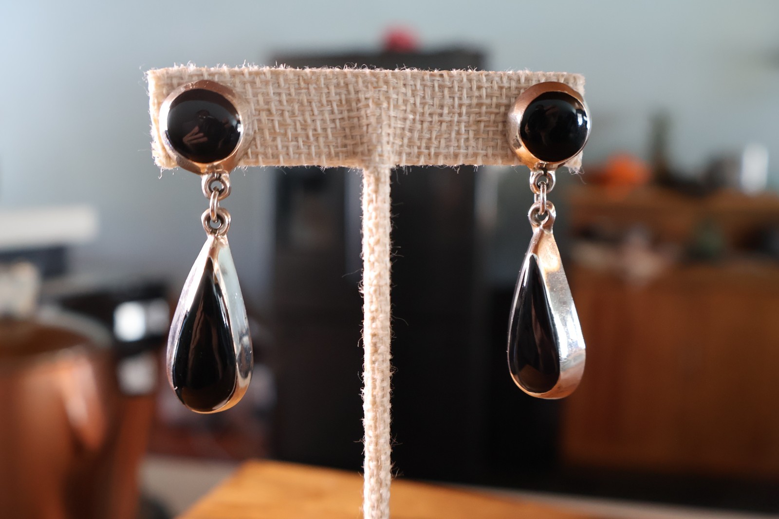 Vintage Taxco Mexican Sterling Silver Black Onyx Teardrop Earrings | 11.5g