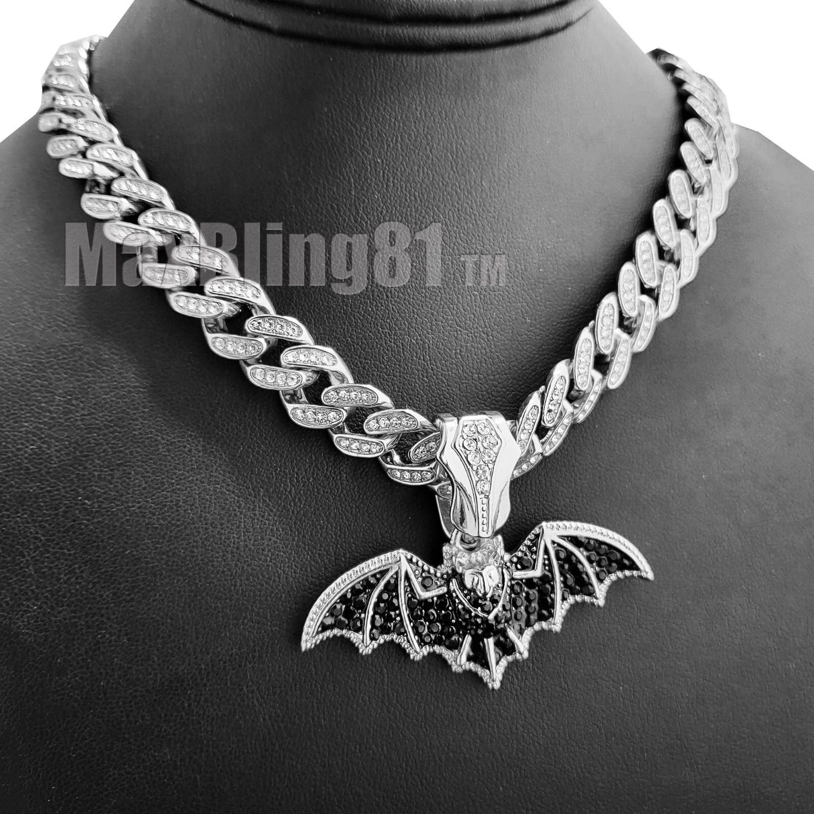 Silver Plated Alloy BAT Pendant Iced Cuban Cubic Zirconia Hip Hop Chain Necklace