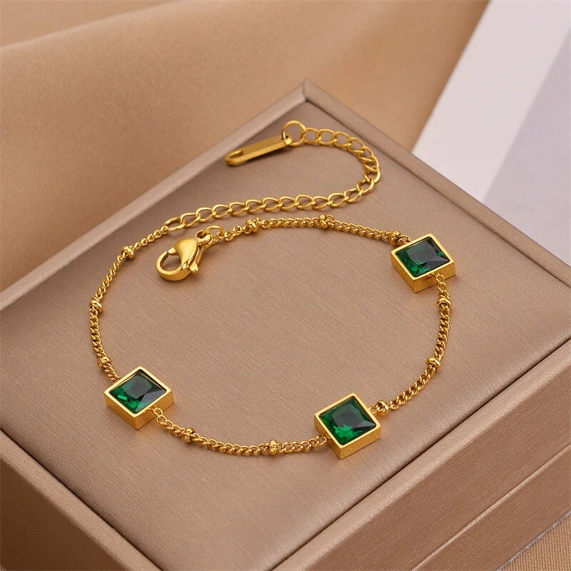 6CT Princess Simulated Emerald Women Bezel Chain Bracelet 14k Yellow Gold Plated