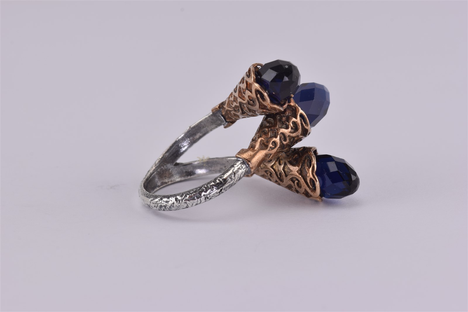 Sterling Silver & Copper Triple Blue Faceted Oxidized Band Ring 925 Adj. Sz: 7
