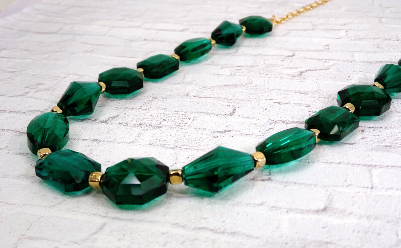 Green glass bead necklace with mixed glass beads shapes and small gold beads New