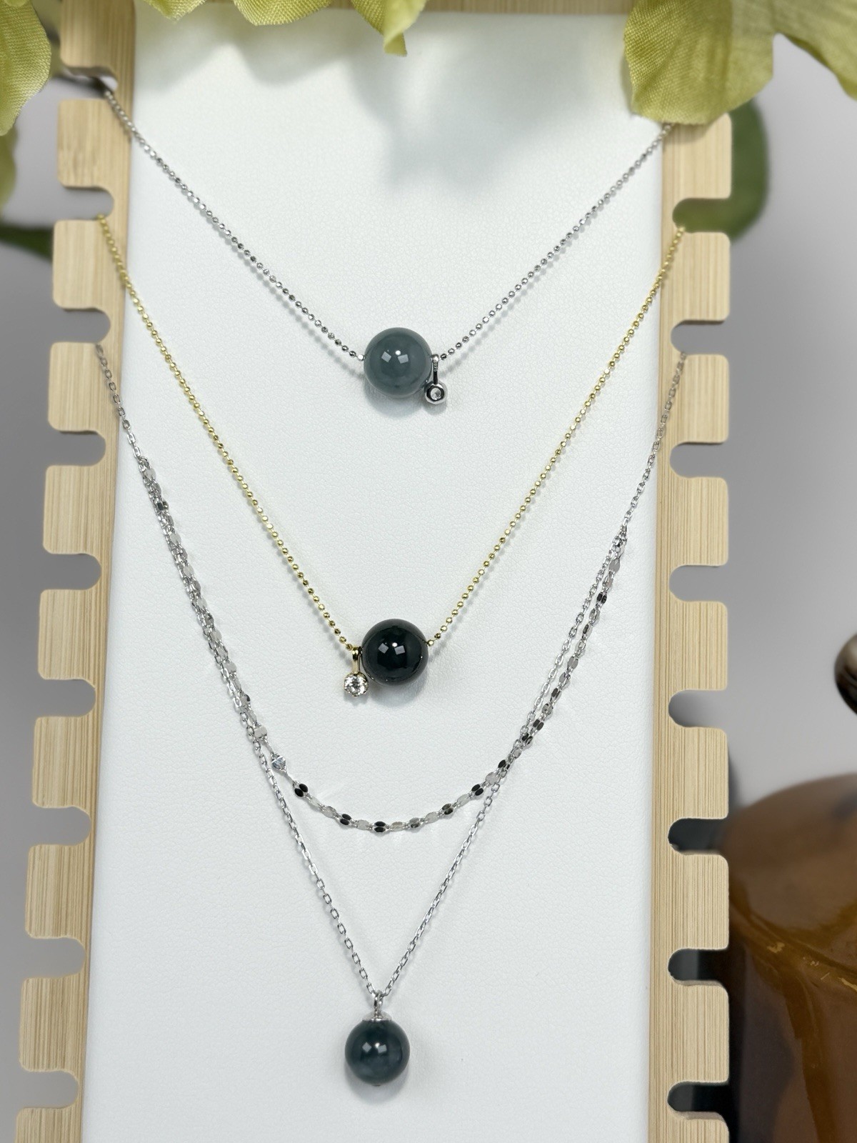 Blue Water Jade Bead Pendant Necklace 6.8MM on Gold Alloy 18IN Chain