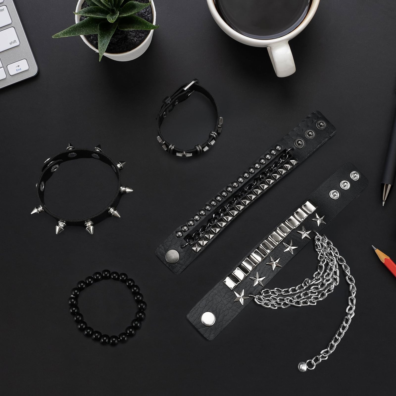 Studded Spike Punk Bracelets 5 Pcs PU Leather Goth Grunge Y2K Wristband Set