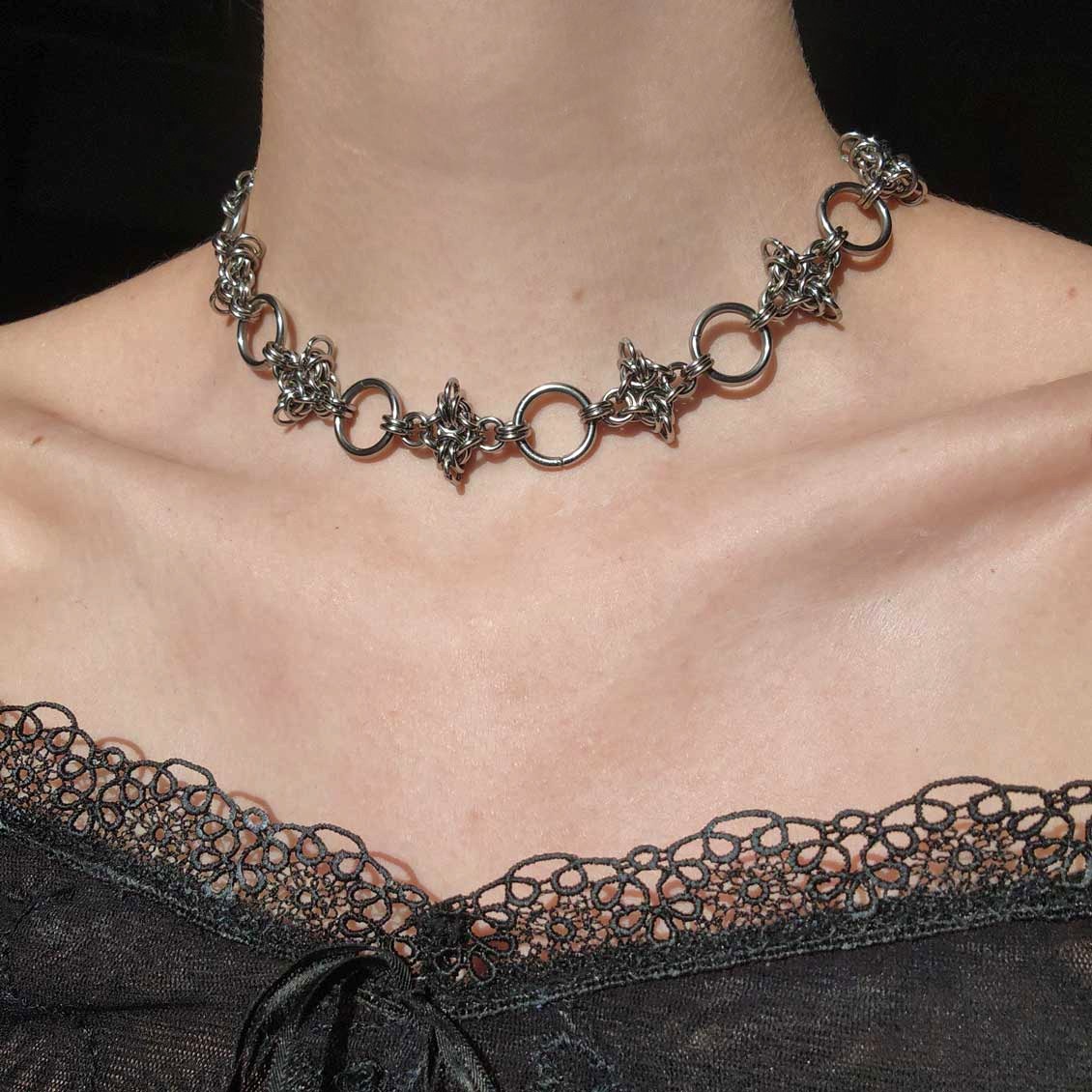 Goth chunky silver choker necklace with spikes